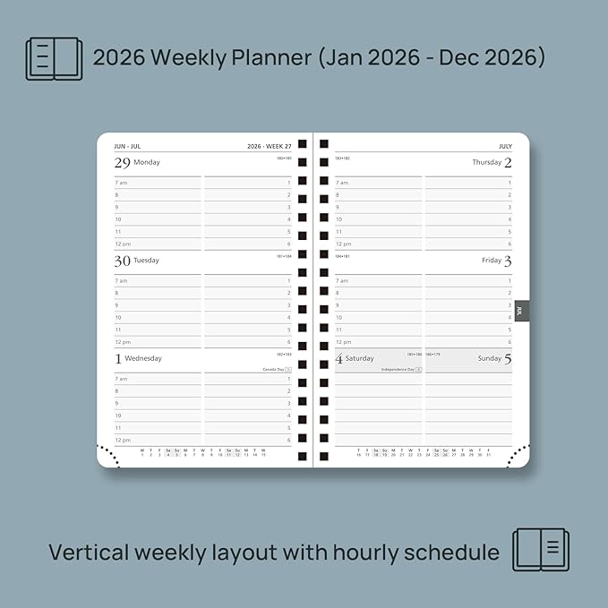 POPRUN 2026 Planner (Pocket Size 4''x 6.25'' Wire-Bond Hard Cover) Calendar Weekly and Monthly (Jan.2026-Dec.2026) Small Planner with Hourly Time Slots, for Purse, 100 GSM - Midnight Green