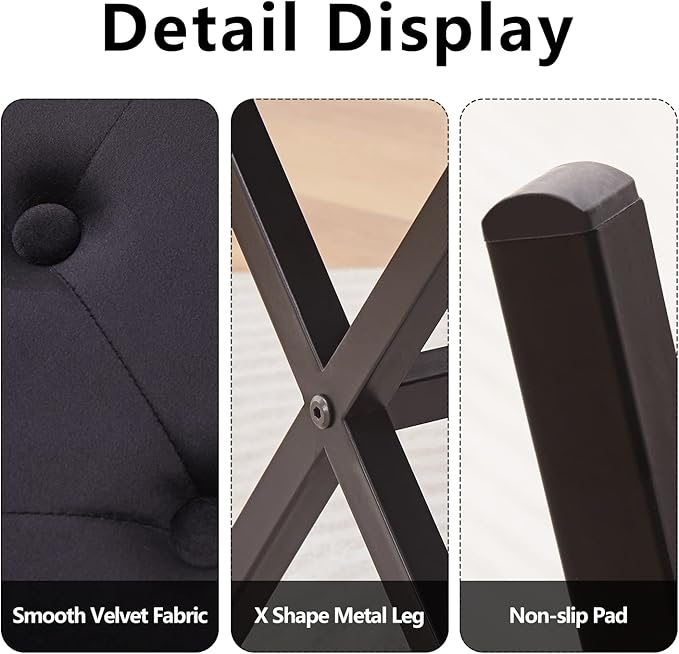 Wimarsbon Ottoman Foot Stool Tufted Vanity Stool Ottomans Thickened Cushion Footstool Mulifunctional Shoe Changing Seat Step Stools with Metal X Leg for Living Room Bedroom Velvet Black