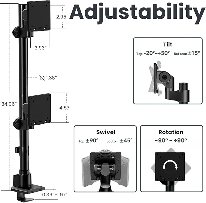 Dual Monitor-Arm Ultrawide Heavy Duty - 24-57 inch Vertical Dual Monitor Mount, Adjustable Stacked Double Monitor Desk Mount Stand, Max Load 59.4 lbs (per Screen), VESA 75 100 mm, Black