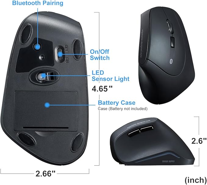SANWA Bluetooth Ergonomic Mouse, Silent Click Wireless Ergo Vertical Mice, 3 Programmable Buttons, Reduce Wrist Pain, 800/1200/1600 DPI, Compatible with Mac, Laptop, Windows, Tablet, Phone