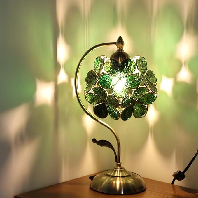 Bieye L10875 Tiffany Style Stained Glass Flower Petal Table Lamp with Brass Base for Home Décor (Green, 8" Cherry Blossom)