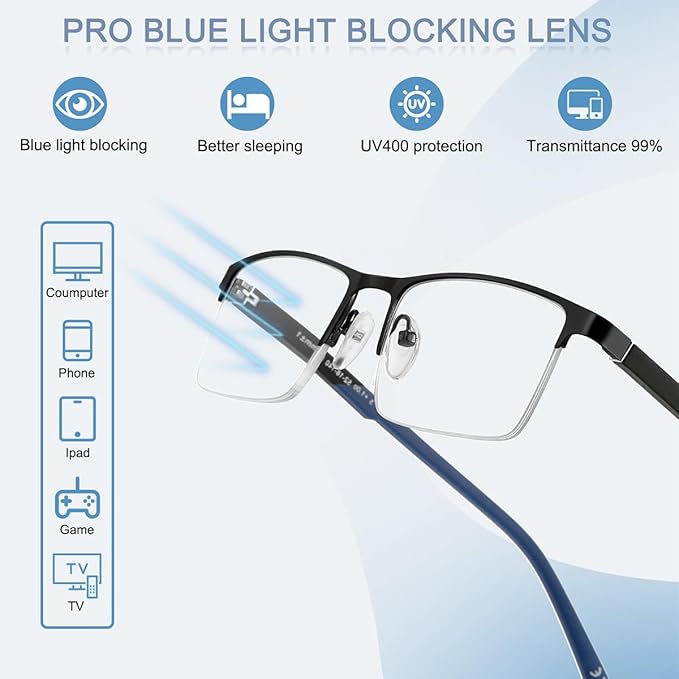 EYECEDAR 5 Pack Blue Light Blocking Reading Glasses Men Metal Half Frame Spring Hinges Rubber Flexible Temple Computer Eyeglasses Readers for Men 1.00