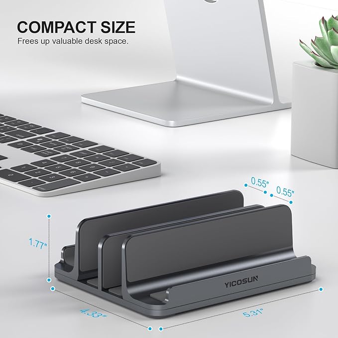 4-Slot Aluminum Vertical Laptop Stand for Desk - Adjustable Width Dock for MacBook, Surface, Samsung, HP, Dell up to 17.3 inches - Space-Saving & Protective Design - Gray