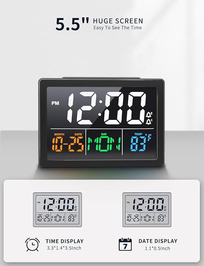 Digital Alarm Clock, with 5.5" Large LED Time Display, Adjustable Alarm Volume, 6 Level Brightness, Alarm Settings, USB Charger, Temperature Detect, Snooze, Clocks for Bedroom, Bedside, Desk, Black