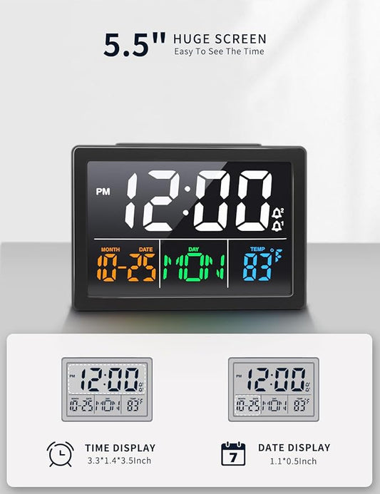 Digital Alarm Clock, with 5.5" Large LED Time Display, Adjustable Alarm Volume, 6 Level Brightness, Alarm Settings, USB Charger, Temperature Detect, Snooze, Clocks for Bedroom, Bedside, Desk, Black