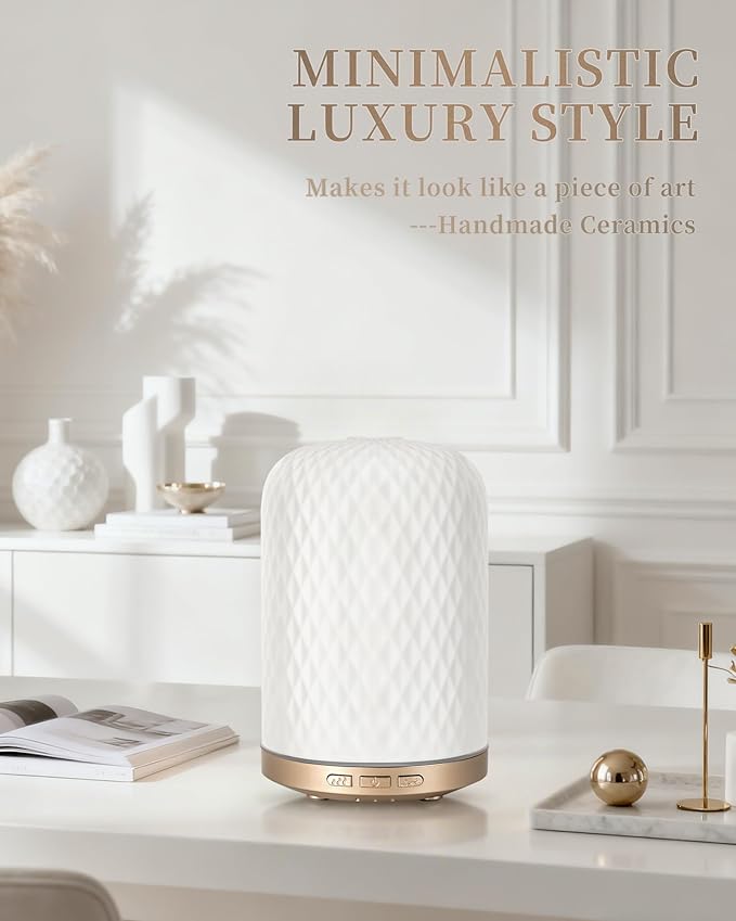 Essential Oil Diffuser,120ML 2.4MHz Ultrasonic Aromatherapy Diffusers for Essential Oils Large Room, Ceramic Diffusers Decorative Aroma Diffuser, Ideal Air Diffusers for Home, Room Decor, Yoga, White