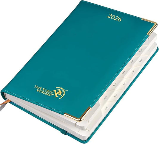 POPRUN Daily Planner 2026 (A5 Size-5.75" x 8.5") One Page Per Day Planner with Vegan Leather Hardcover - Agenda 2026 (Jan-Dec) Page A Day Calendar Book with Monthly Tabs, Inner Pocket-Pacific Green