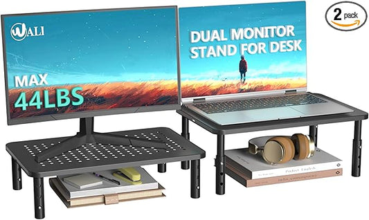 WALI Dual Monitor Stand for Desk, Desk Monitor Riser 3 Height Adjustable, Laptop Riser with Airflow Vents, Desk Organizer for Computer, Laptop, Printer, Notebook (STT003-2), 2 Pack, Black