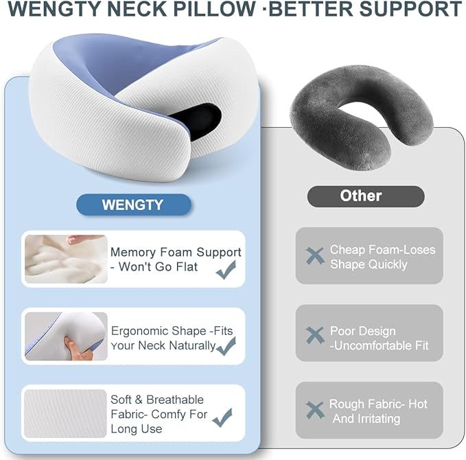 Travel Pillows for Airplanes,Memory Foam Neck Pillow for Traveling,Smooth & Cooling Fabric Plane Pillow for Long Flight,Ideal for Travels,Airplanes,Offices,Cars,Trains (Blue, Standard-Broad Fit)