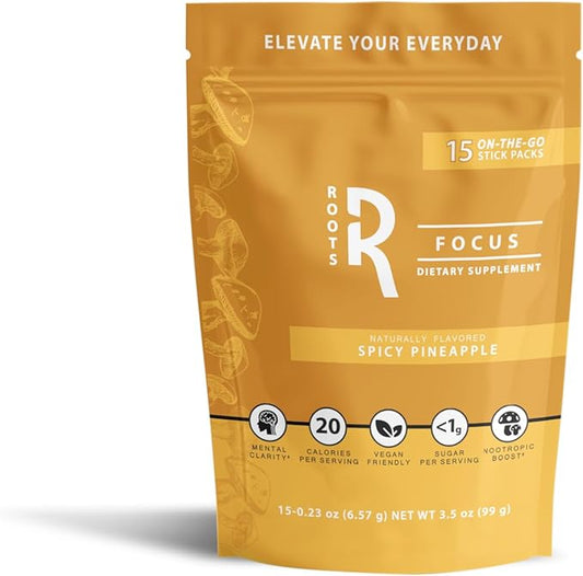 Roots Focus Nootropic Brain Supplement, Spicy Pineapple, Blend of Lion's Mane, Cordyceps, and Reishi Functional Mushrooms with Extended-Release Caffeine, 15 Servings