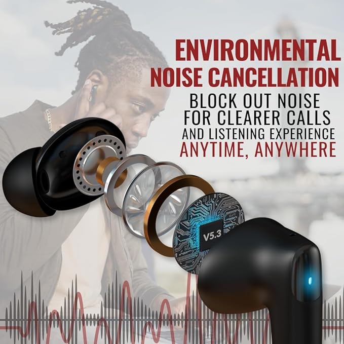 T-90 BoomSounZ Sweatproof Wireless Earbuds – ENC Noise Cancelling Ear buds with Dual Mode for Music & Gaming, Deep Bass Touch Controls, Fast Charging Long Battery Life, Secure Fit for Workouts & Calls