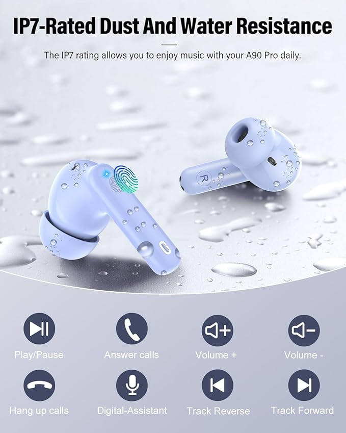 Wireless Earbuds, Bluetooth 5.4 Headphones Bass Stereo, Ear Buds with Noise Cancelling Mic, IP7 Waterproof in Ear Earphones, 36H LED Display Bluetooth Earbuds for Laptop Pad Phones Sports, Pale Blue