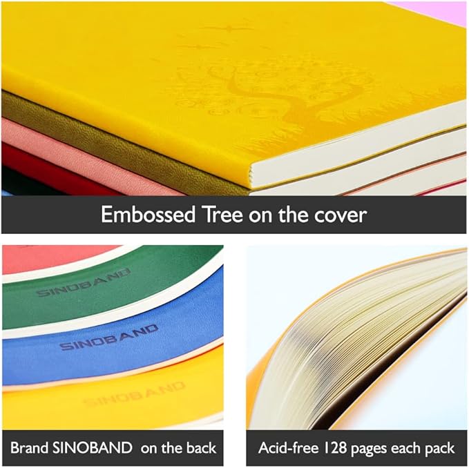 SINOBAND 4 Pieces Journals for Writing, A5 Paperback Colorful Notebooks, PU Leather Soft Cover, Lined Paper, Subject Notebooks for School and Office (Random Color)