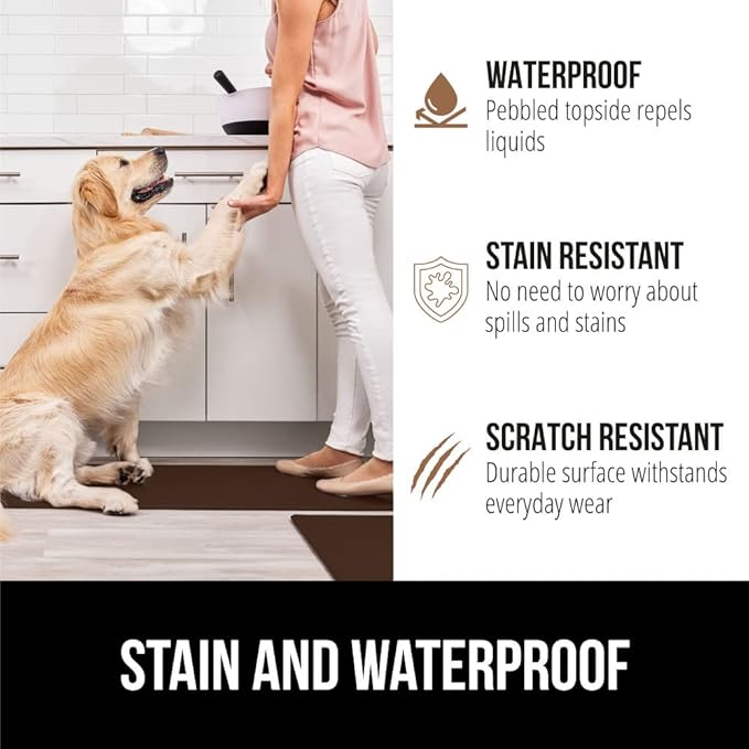 GORILLA GRIP 2 Pack Comfortable Cushioned Kitchen Mats for Floor, 17x24 + 17x48, Waterproof and Stain Resistant, 1/2 Inch Thick Soft Ergonomic Standing Desk Anti Fatigue Mat, Foam Supports Feet, Brown