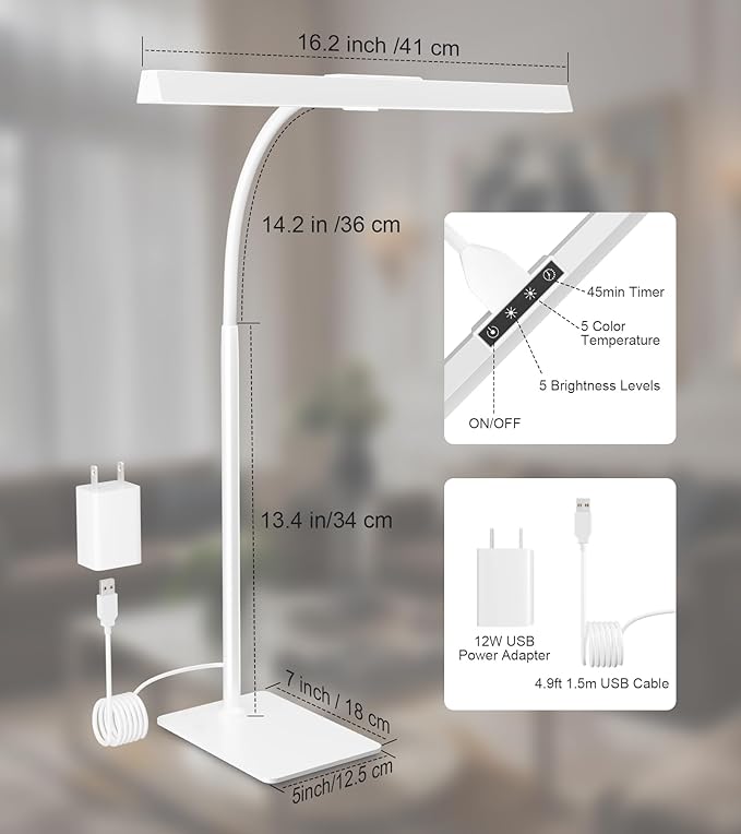 LED Desk Lamp for Home Office with Base, Eye-Caring Architect Task Light with Adjustable Gooseneck 12W USB Adapter Touch Control 5 Dimmable Brightness & Color Tall Lamp for Work,Reading,Craft