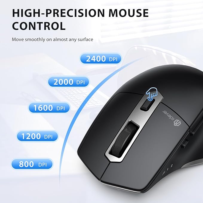 iClever Bluetooth Mouse, Wireless Large Mouse, Multi-Devices Dual Mode, Ergonomic Mice with 5 Adjustable DPI and 7 Buttons, Rechargeable Silent Mice for Laptop, iPad, MacBook, Tablet, PC, Black Grey