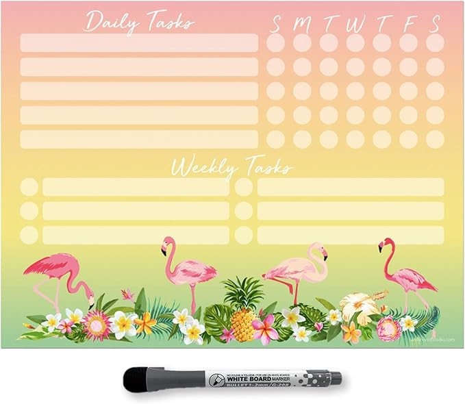 Dry Erase Whiteboard Task Planner | Removable and Restickable Adhesive Decal | Fine-Tip Magnetic Marker Included (9 x 12 inches, Tropical)