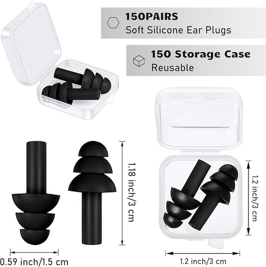 Tondiamo 150 Pairs Ear Plugs Bulk Individually Wrapped Silicone Ear Plugs with Carry Case Soft Reusable Noise Cancelling Earplugs for Sleeping Swimming Concerts Shooting Noise Reduction(Black)