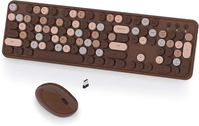 Colorful Wireless Keyboard and Mouse Combo, COVEVA 2.4GHz Wireless Retro Cute Round Keycaps Keyboard, 104 Keys Full-Sized Keyboard Mouse Set with Switch Button for PC Laptop Desktop (Brown Colorful)