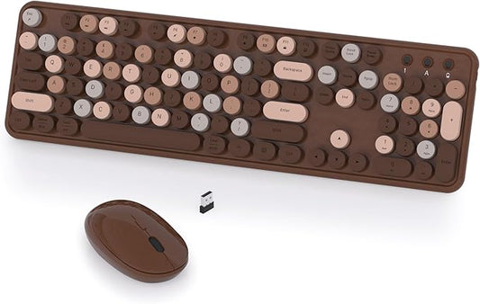 Colorful Wireless Keyboard and Mouse Combo, COVEVA 2.4GHz Wireless Retro Cute Round Keycaps Keyboard, 104 Keys Full-Sized Keyboard Mouse Set with Switch Button for PC Laptop Desktop (Brown Colorful)