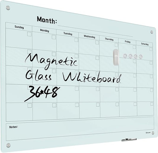 Magnetic Monthly Calendar Glass Whiteboard - Glass Dry Erase Board 48"x36" Large Frameless Glass Board for Walls Office School and Home