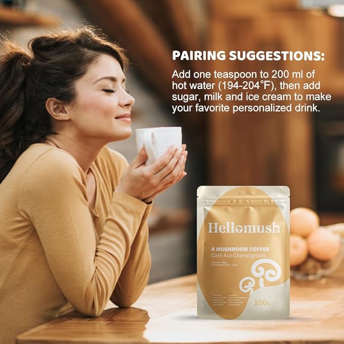 Hellomush Organic Instant Mushroom Coffee with Lions Mane, Reishi, Chaga and Cordyceps Coffee, Adaptogen Drink for Greater Energy, More Focus, Better Digestion, and Gut Support 28 Servings 3.52 oz