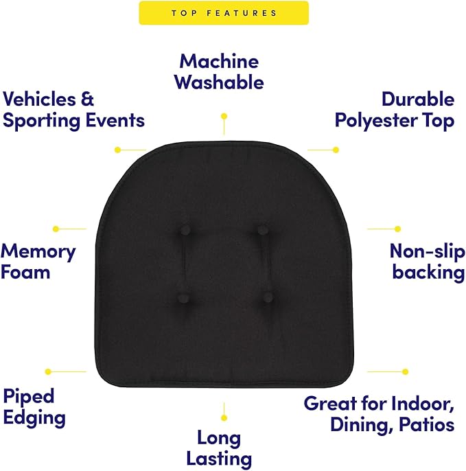 Sweet Home Collection Chair Cushion Memory Foam Pads Tufted Slip Non Skid Rubber Back U-Shaped 17" x 16" Seat Cover, 6 Count (Pack of 3), Black