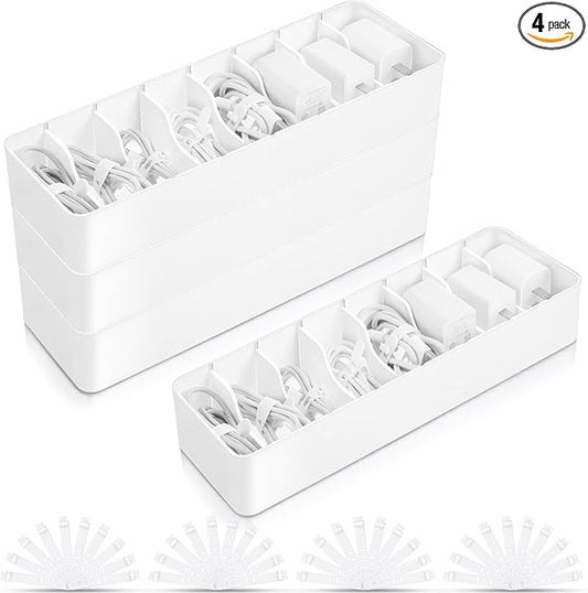 Tatuo 4 Pcs Cable Organizer with 40 Wire Ties, Plastic Cord Storage Charger Box Electronics Organizer with Adjustment Compartments Cable Storage for Drawer Home Office Desk Accessories (White)