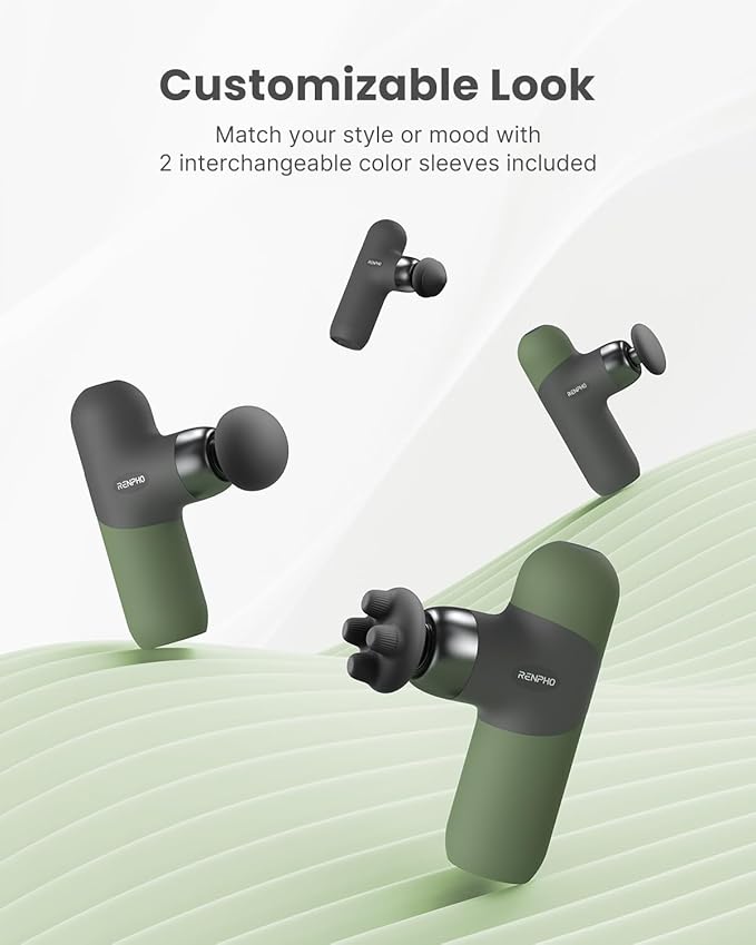 RENPHO Mini Thermal Massage Gun with Heat, Portable Deep Tissue Percussion Massager, Color Silicone Sleeves Travel Size with Carry Case, Olive Drab