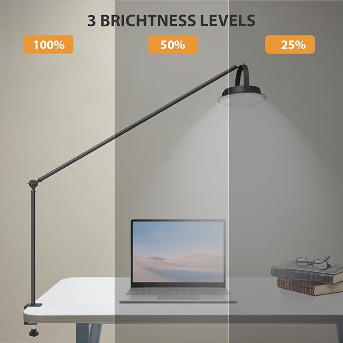 Dual-Power LED Desk Lamp with Clamp, Solar/USB Charging Desk Lamps with Metal Adjustable Swing Arm,Dimmable Eye-Caring Clip Lights with Removable Bulb for Dining/Home Office/Camping/RV Interior(Black)
