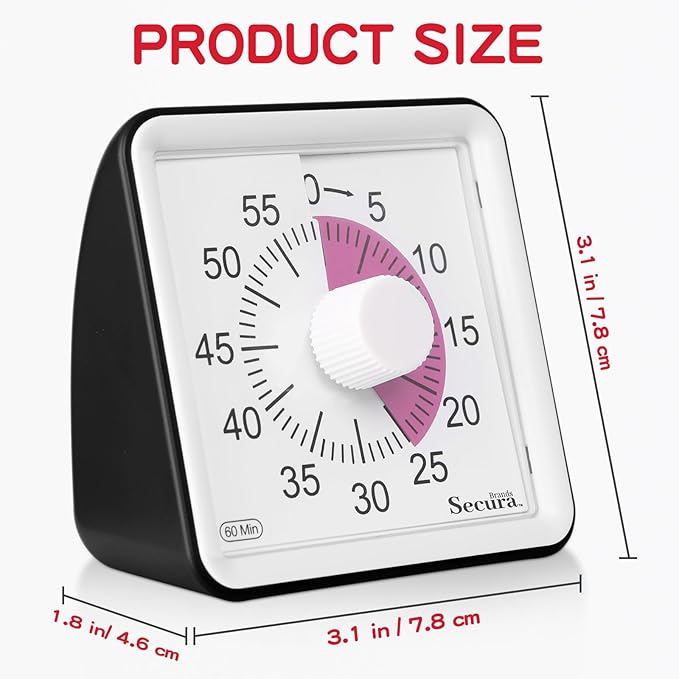 Secura 60-Minute Visual Countdown Timer for Kids & Adults, Classroom Time Management Tool (Pink & Black)