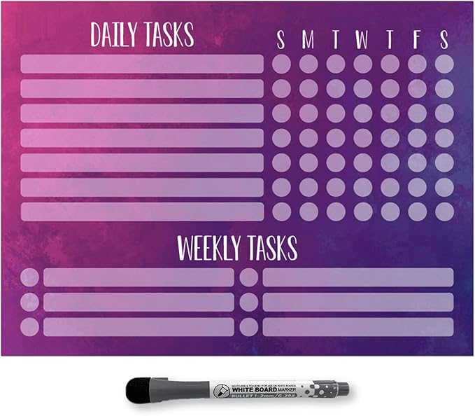 Dry Erase Whiteboard Task Planner | Removable and Restickable Adhesive Decal | Fine-Tip Magnetic Marker Included (9 x 12 inches, Watercolor)