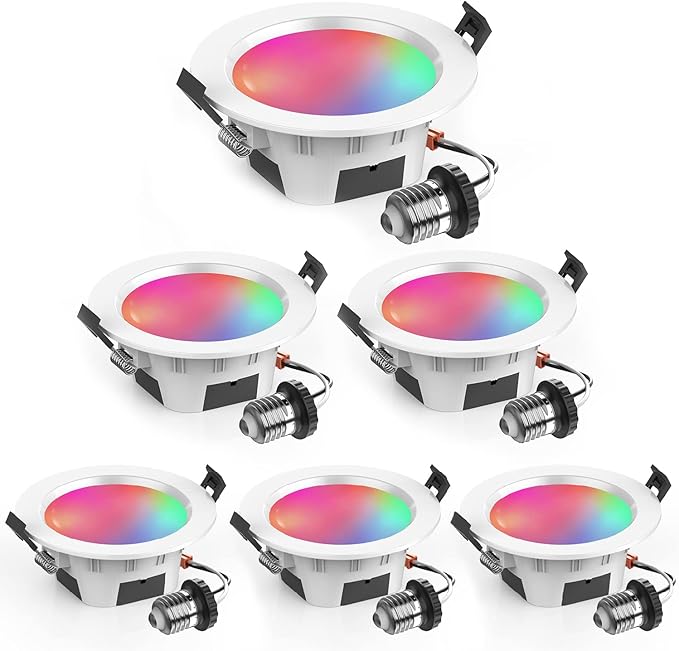 4" Smart Recessed Lighting 6 Pack, Dimmable, Multicolorred, 2700K~6500K, CRI80+, Color Changing Retrofit Bluetooth Mesh LED Ceiling Light, 4 Inch RGB Canless LED Downlight