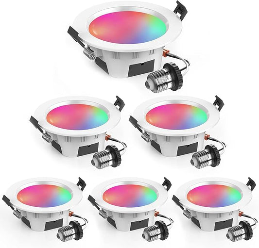 4" Smart Recessed Lighting 6 Pack, Dimmable, Multicolorred, 2700K~6500K, CRI80+, Color Changing Retrofit Bluetooth Mesh LED Ceiling Light, 4 Inch RGB Canless LED Downlight