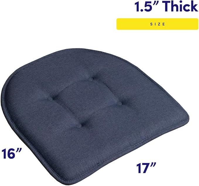 Sweet Home Collection Chair Cushion Memory Foam Pads Tufted Slip Non Skid Rubber Back U-Shaped 17" x 16" Seat Cover, Denim Blue 4 Count