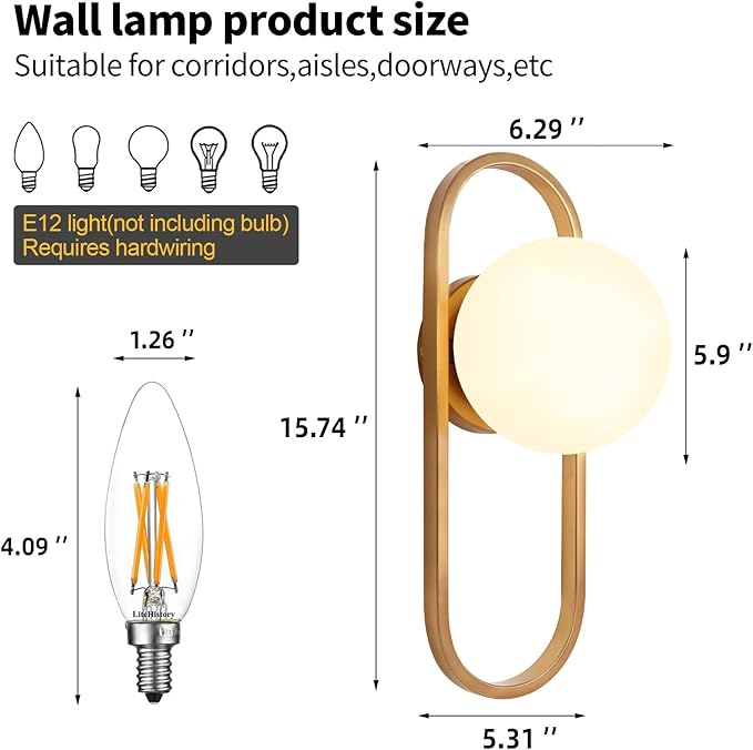 Gold Wall Lamp Sconces Set of 2 with White Globe Glass Shade - Living Room & Bedroom Wall Lights