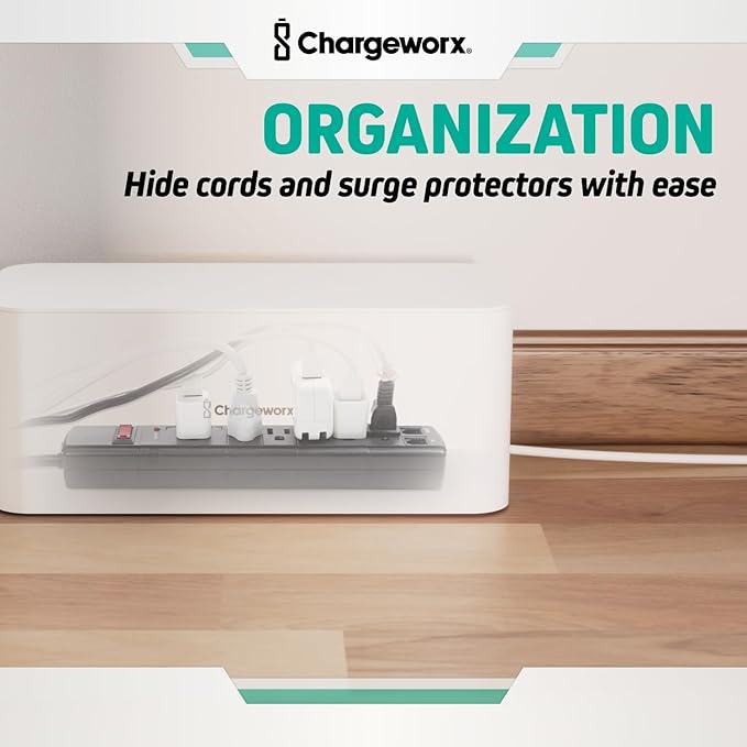 ChargeWorx Cable-Management Box Set, Cord Organizer, Cable Box to Hide Surge Protectors and Power Strips, Desk and Floor Cord Management, Home Office and TV Wire Concealer, White