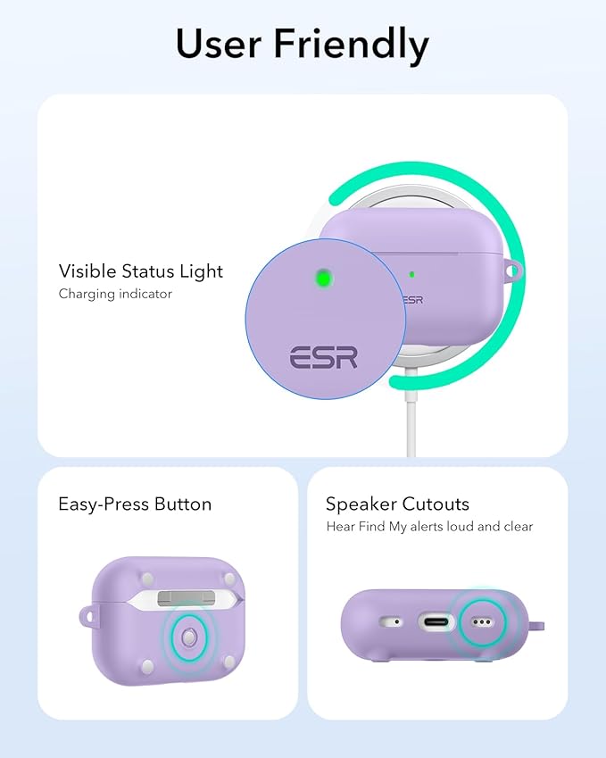 ESR for AirPods Pro 2 Case, Compatible with Airpods Pro 2nd Generation Case (2023/2022/2019), Compatible with MagSafe, Magnetic Lid Lock, Full Drop Protection, Purple