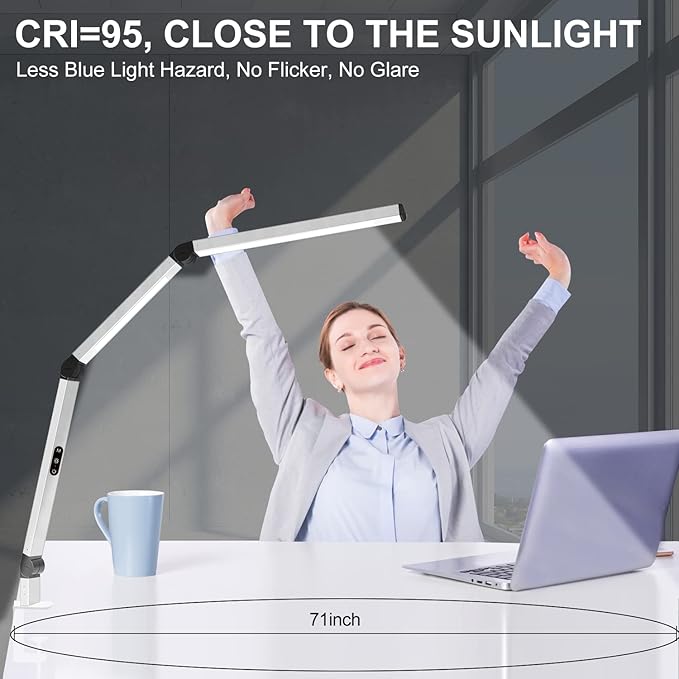 Micomlan LED Desk Lamp for Home Office, Architect Clamp Desk Lamp with Remote Control, Adjustable Dimmable Swing Arm Clamp on Table Light Clip-on Dual Light 5 Brightness Levels & 4 CCT Modes