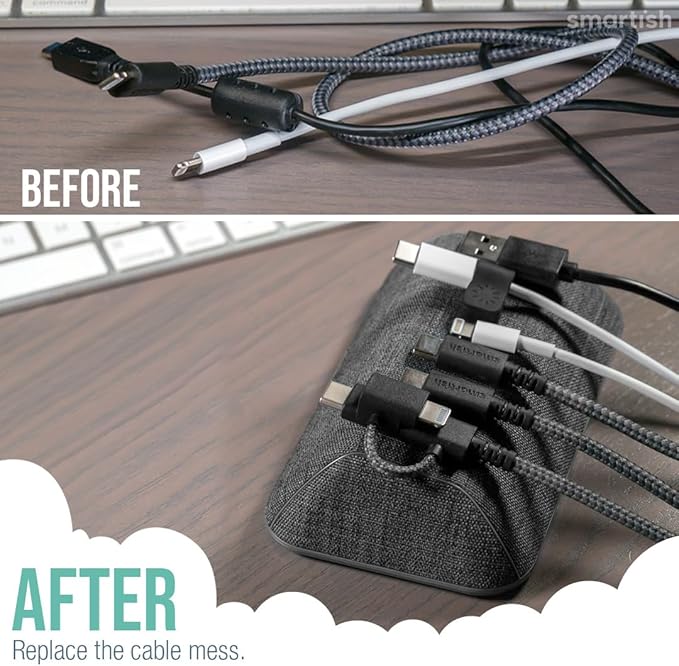 Smartish® Magnetic Cord Holder - Bigger Cable Wrangler Organizer with Magnet Clips for Charger Management on Desktop, Nightstand, or Side Table - Holds 6+ Cables - No. 2 Pencil Gray