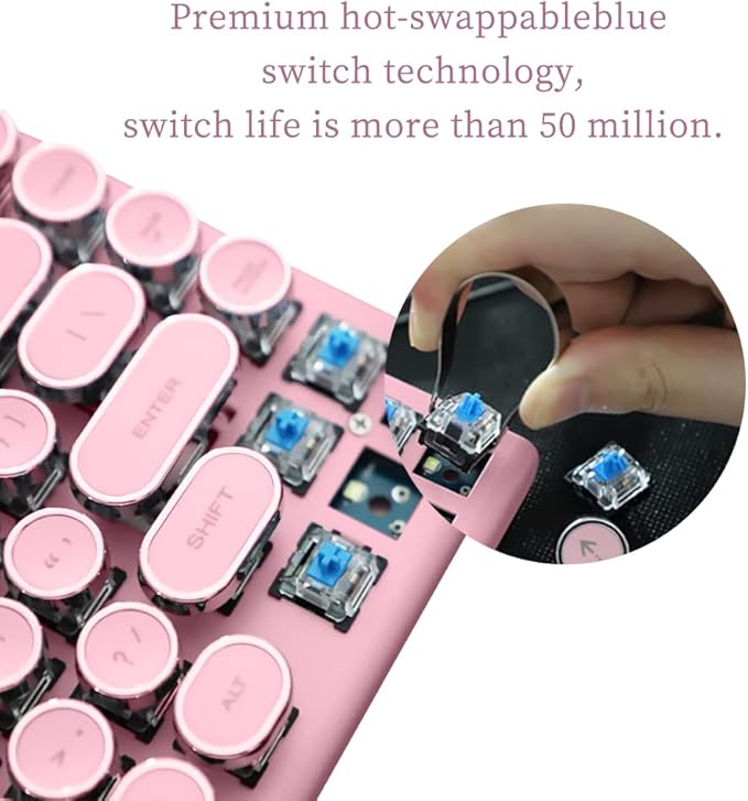 Adventurers Typewriter Bluetooth Wireless Keyboard - 83 Keys, Hot Swappable Blue Switch, Round Keycaps, White Backlit, Compact 75% Layout, Wired, for Windows/Mac/PC/Laptop/iPad, Pink
