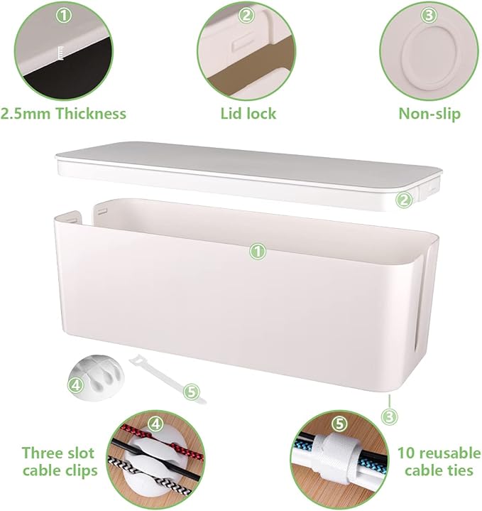 Cable Management Box, Large Cord Organizer Box to Hide Power Strip & Under Desk,TV Computer Wires Cable Organizer Hider Box with Cable Clips&Reusable Cable Ties for Home/Office(White)