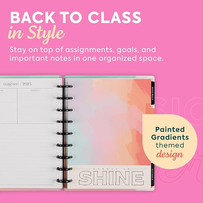 Happy Planner Disc-Bound 12-Month July 2025–June 2026 Planner with 3 Extra Months, Classic Size, Student Layout, Painted Gradients