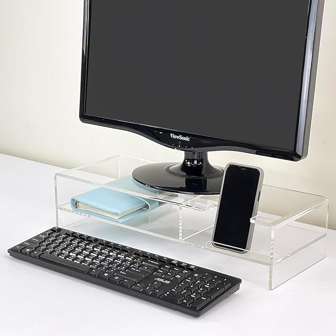 pbf PHOTO BOOTH FRAMES Acrylic Monitor Stand Riser with Phone Holder, 20 x 7.5 x 4.7 inches, Clear Desktop Organizer, multi level