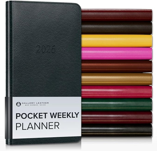 Gallery Leather Pocket Weekly Monthly Planner 2025-2026, Elegantly Bound Calendar Planner and Notebook with Stylish Gold-Gilded Page Edges, 12 Months - Tremont Atlantic - 6 x 3.25 "