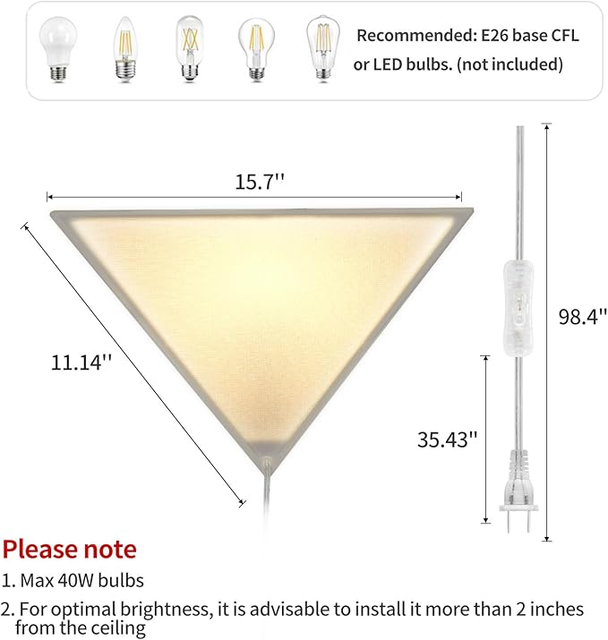 Easy Installation Corner Light with Linen Shade, 2 Pack Corner Lights for Living Room, Space-Saving Plug in Ceiling Light with Switch, Modern Apartment Lighting for Bedroom, Office, Study