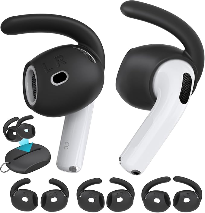 AhaStyle Ear Hooks for AirPods 4th Generation (2024) 【Added Storage Pouch】 3 Pairs S/M/L Anti-Slip Ear Covers Silicone Accessories Compatible with Apple AirPods 4th Gen (Large+Medium+Small, Black)