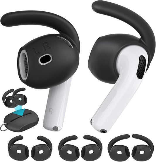AhaStyle Ear Hooks for AirPods 4th Generation (2024) 【Added Storage Pouch】 3 Pairs S/M/L Anti-Slip Ear Covers Silicone Accessories Compatible with Apple AirPods 4th Gen (Large+Medium+Small, Black)
