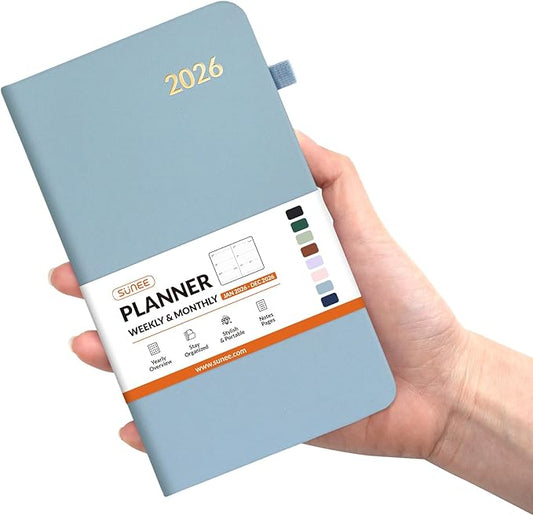 SUNEE 2026 Pocket Weekly Planner for Purse 3.5" x 6" - 12 Month (January 2026 - December 2026), Small Size Planner, Hardcover, Notes, Pocket, 100 GSM Paper, Gray Blue