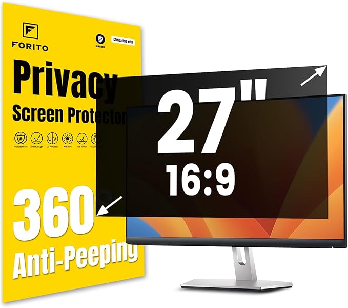 F FORITO 27 Inch 16:9 360°Privacy Screen Protector for Computer Monitor, Removable Eye Protection Anti Blue Light Anti Glare Computer Screen Privacy Shield for All 27" Widescreen Monitors